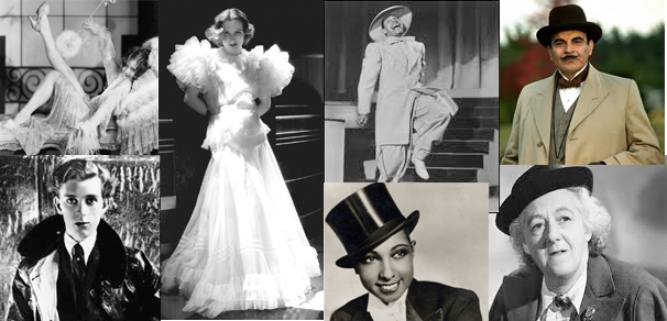 Montage of costumes inc. Poirot, Miss Marple, Josephine Baker, Flapper, Letty Lynton